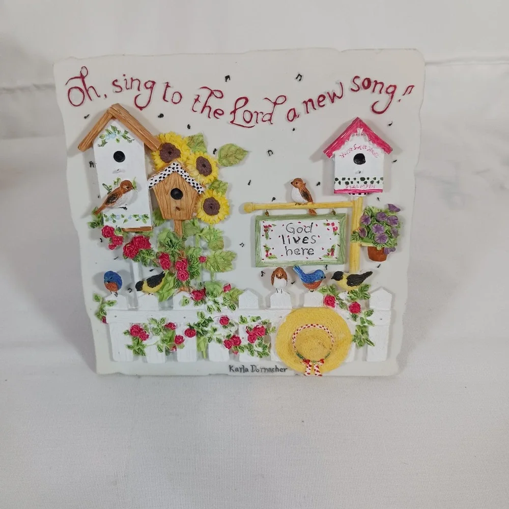 Karla Dornacher Plaque Religious Decor White Excellent 3D Birdhouse Garden